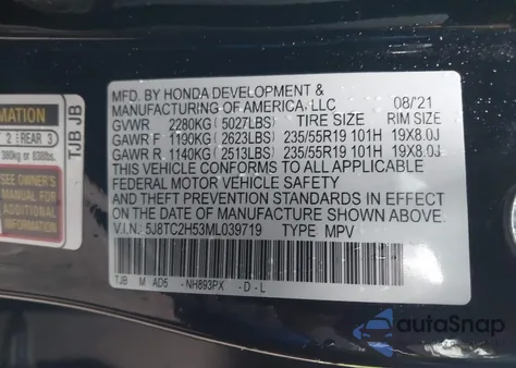 2021 Acura Rdx Technology Package из США, поврежденный, VIN 5J8TC2H53ML039719